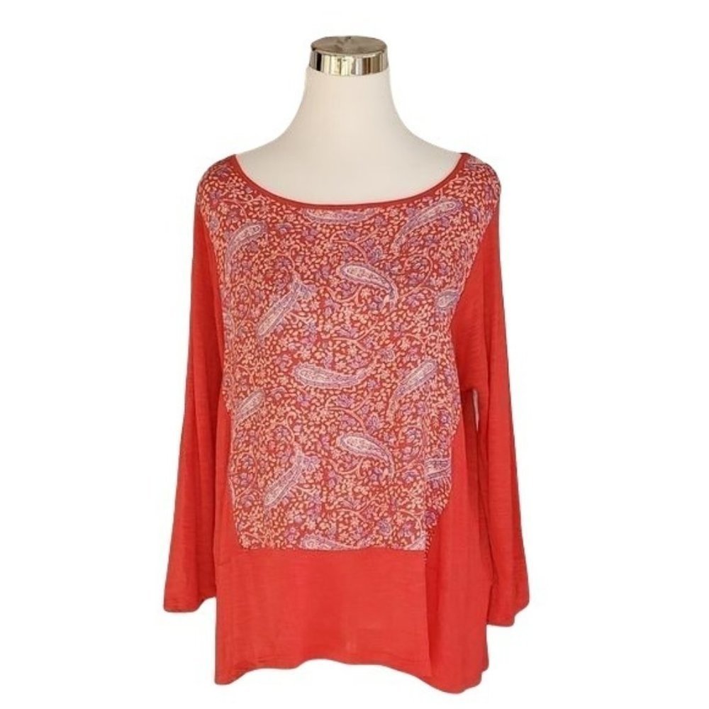 Lucky Brand Red Paisley Boat Neck Long Sleeve Split Back Blouse Top Shirt XL